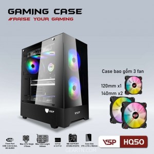 Case VSP HQ50 Kèm 3 Fan LED (Màu Đen ATX)